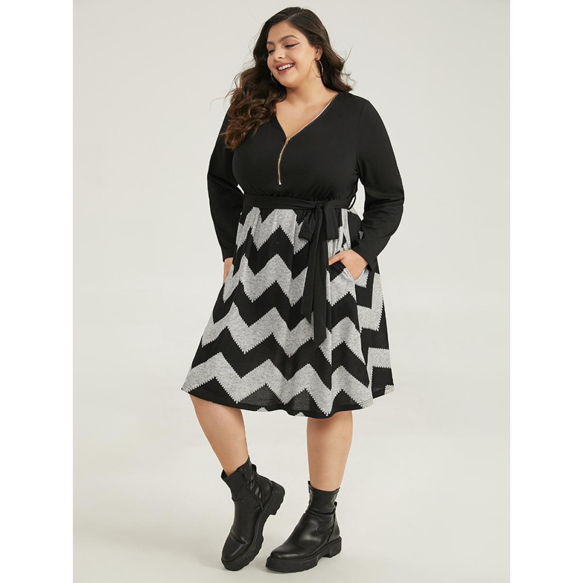 Plus Size Striped Pocket Elastic Waist Patchwork Zipper Dress Black Women Casual Zipper V-neck Long Sleeve Curvy Midi Dress BloomChic 10/M Product Image