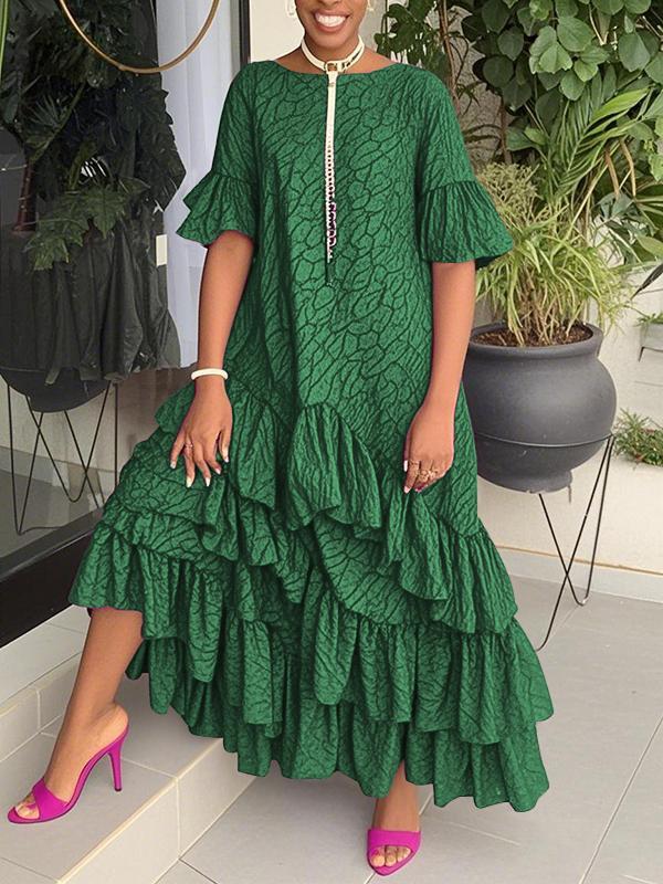 Flared Sleeves Half Sleeves Asymmetric Layered Pleated Printed Ruffle Trim Round-Neck Maxi Dresses Product Image