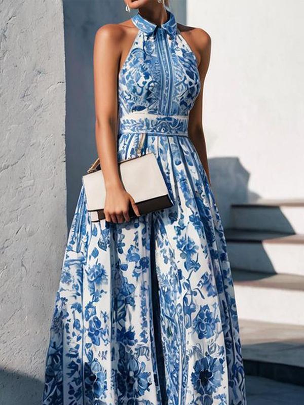 A-Line Loose Flower Print Split-Joint Lapel Maxi Dresses Product Image