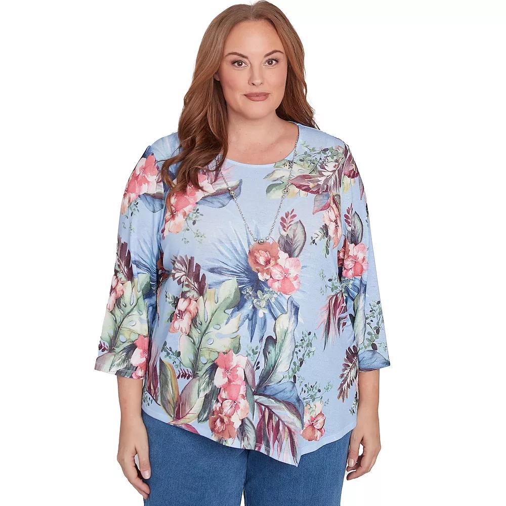 Plus Size Alfred Dunner Tropical Print Knit Top with Necklace, Women's, Size: 2XL, Light Blue Product Image