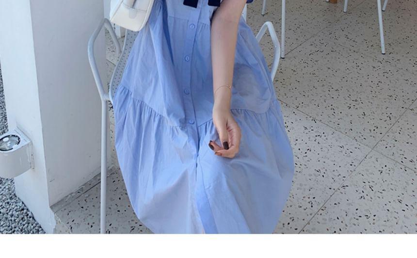 Maternity Short-Sleeve Collared Bow Tie A-Line Shirt Dress Product Image