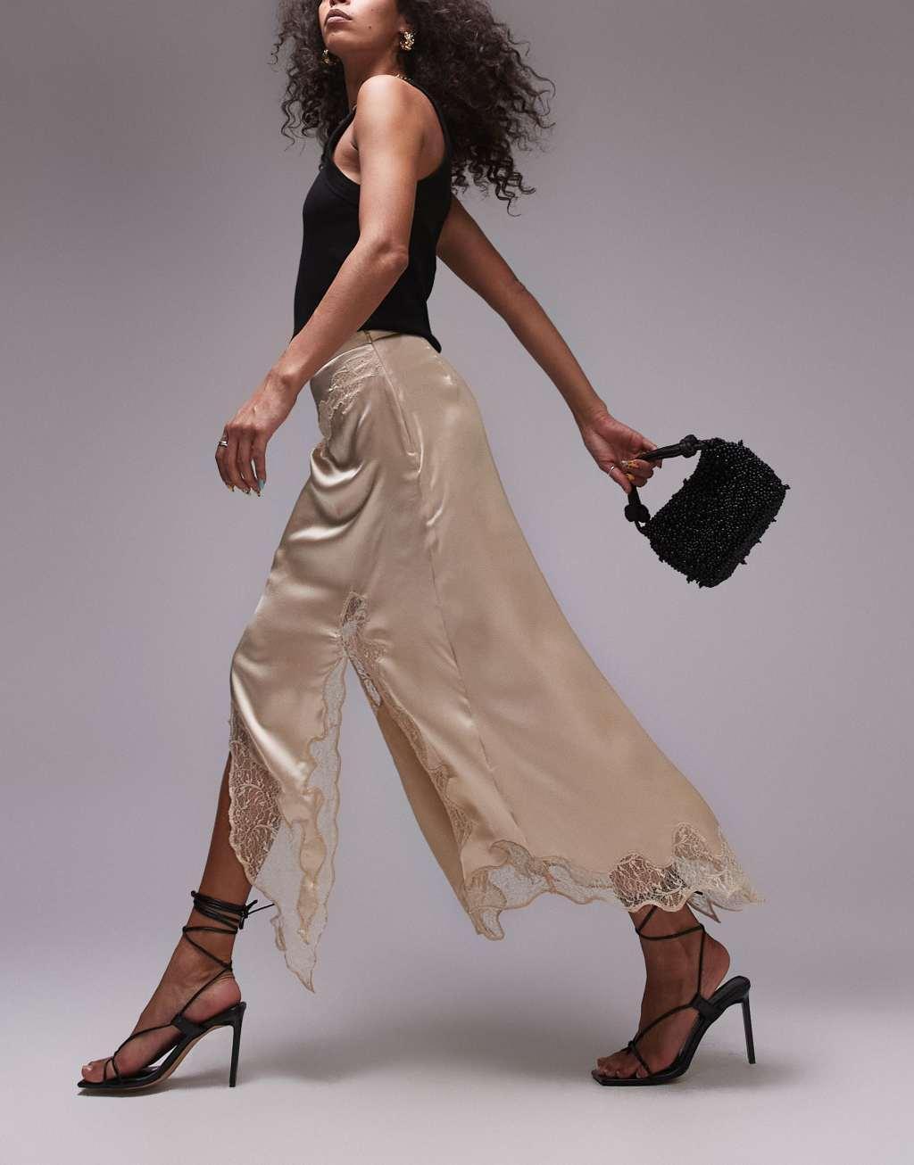 Topshop satin and lace maxi skirt in oyster Product Image