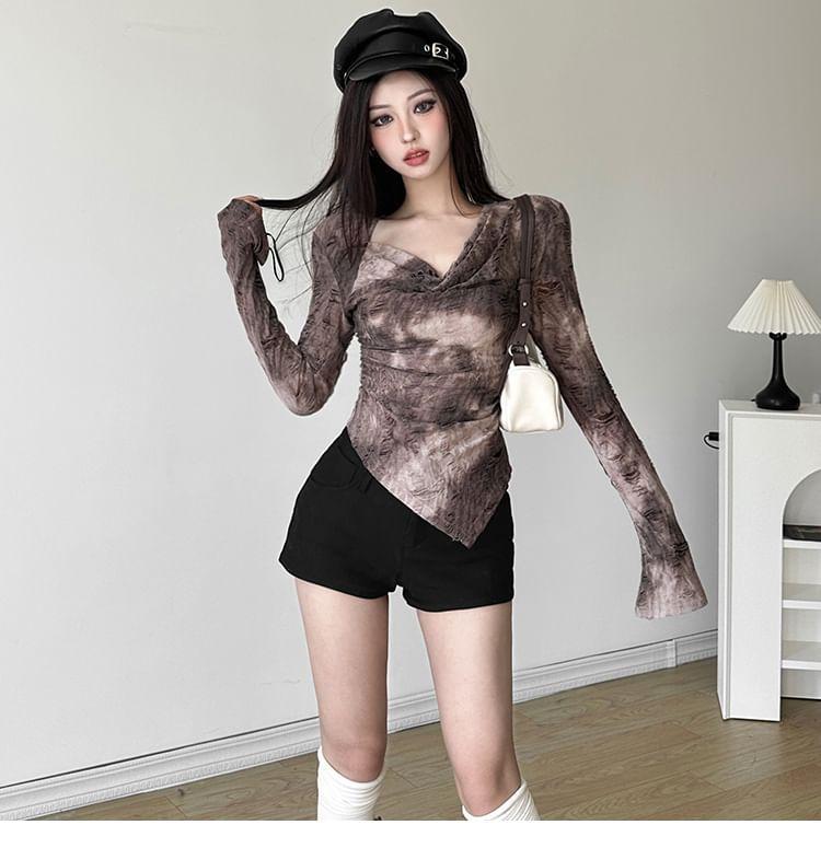 Long Sleeve V-Neck Distressed Hem Tee Product Image