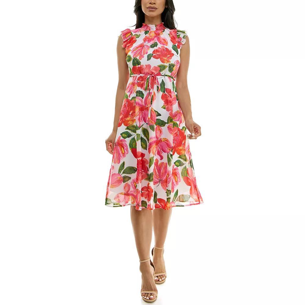 Women's Nina Leonard Smocked Flutter Sleeve Print Dress, Size: XL, Dragon Fruit Team Product Image