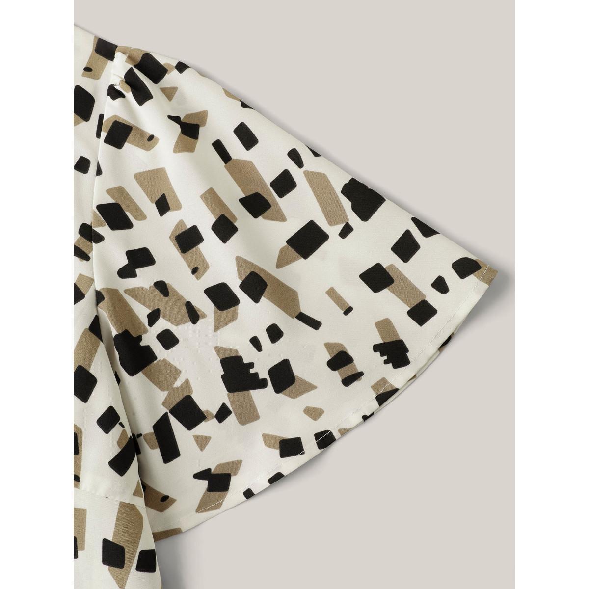 Plus Size Beige Geometric Print Ribbon Collar Blouse Women Short sleeve Ribbon-tied collar Everyday-Elegant Blouses BloomChic 18-20/2X Product Image