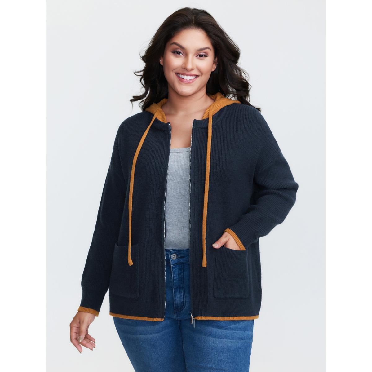 Plus Size Contrast Hooded Zipper Front Pocketed Cardigan Midnight Women Leisure Loose Long Sleeve Casual Cardigans BloomChic 26/4X Product Image