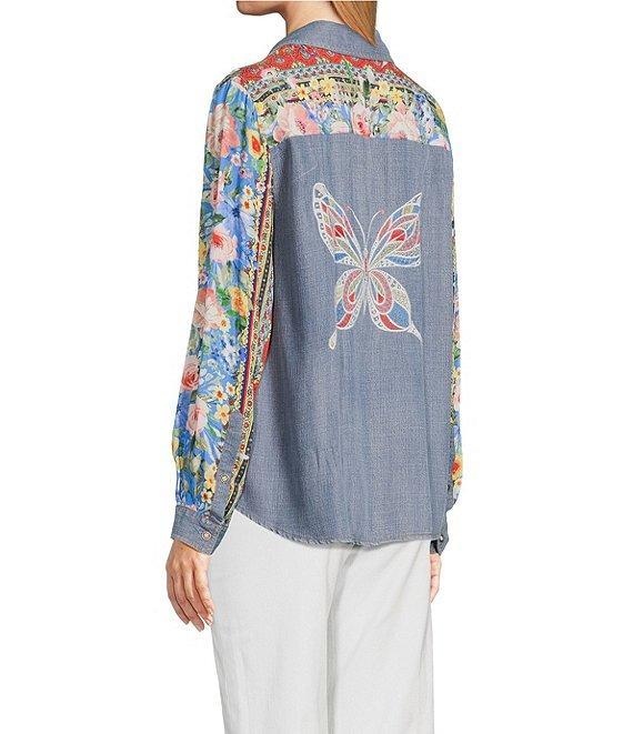 John Mark Embroidered Multi Floral Point Collar Long Roll-Tab Sleeve Tie-Front Top Product Image