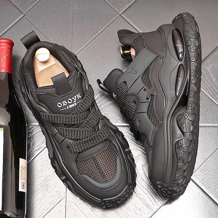 Hidden Wedge Mesh Panel Lace-Up Sneakers Product Image