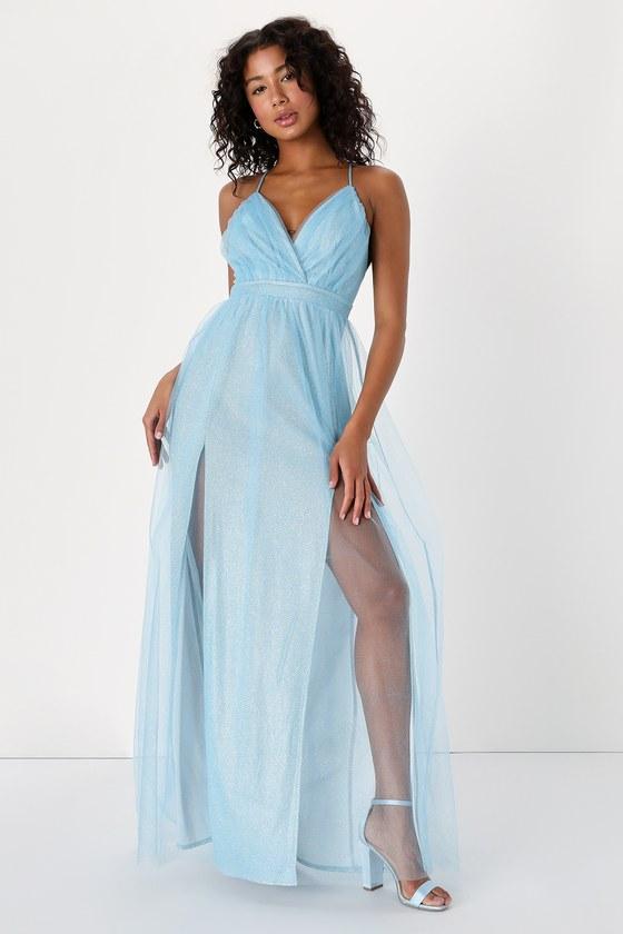 Enchanting Allure Light Blue Sparkly Tulle Maxi Dress Product Image