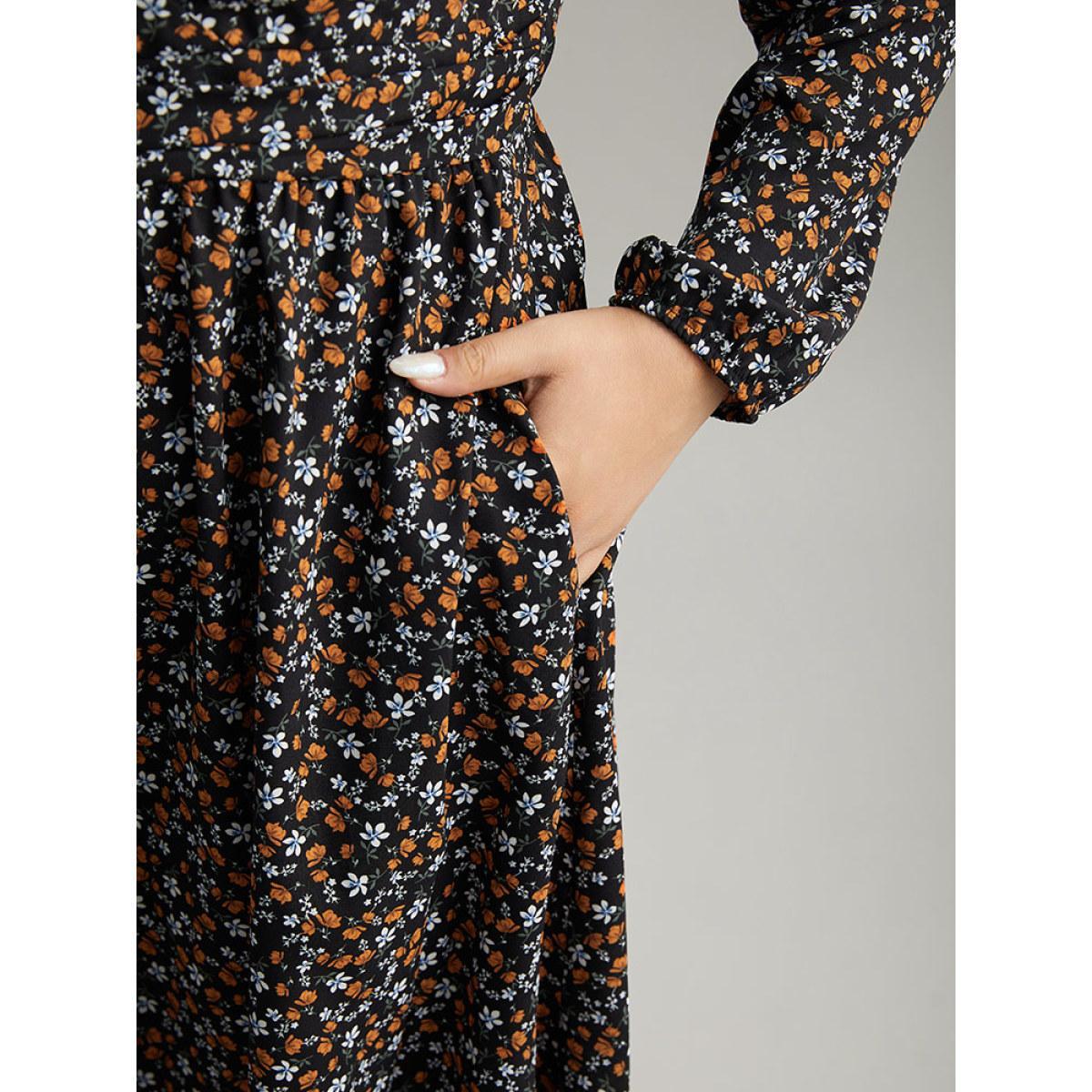 Plus Size Ditsy Floral Pocket Lantern Sleeve Knee Dress Black Women Elegant Elastic cuffs Round Neck Long Sleeve Curvy Midi Dress BloomChic 14-16/1X Product Image