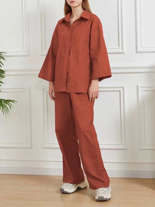 Loose Solid Color Split-Joint Long Sleeves Lapel Blouse + Pants Two Pieces Set Product Image