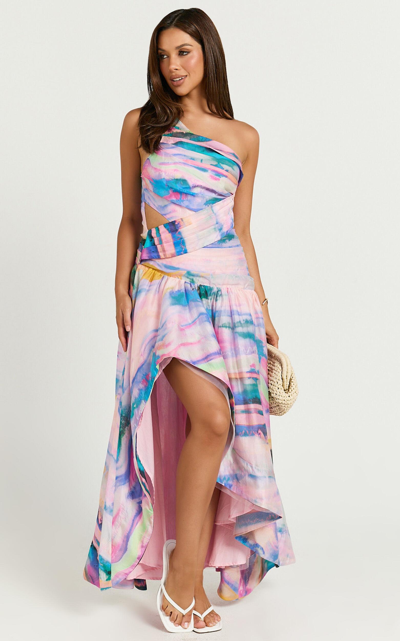 Amalie The Label - Keziah One Shoulder Asymmetric Midi Dress in Abstract Sunset Print Product Image