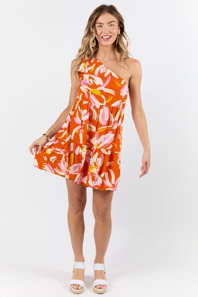 Walking On Sunshine Red Floral Printed One Shoulder Dress Product Image