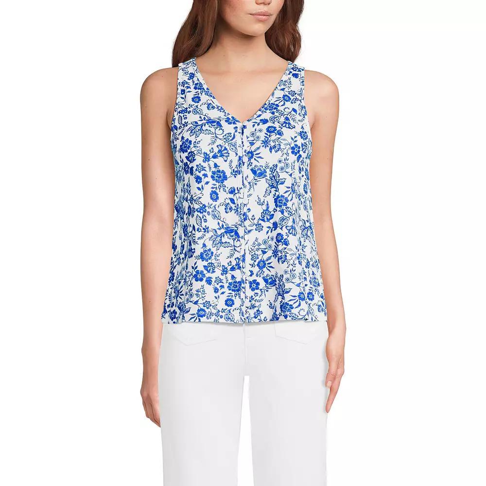 Women's Lands' End Printed Button Down V-Neck Tank Top, Size: Medium, Blue Ornate Floral Product Image