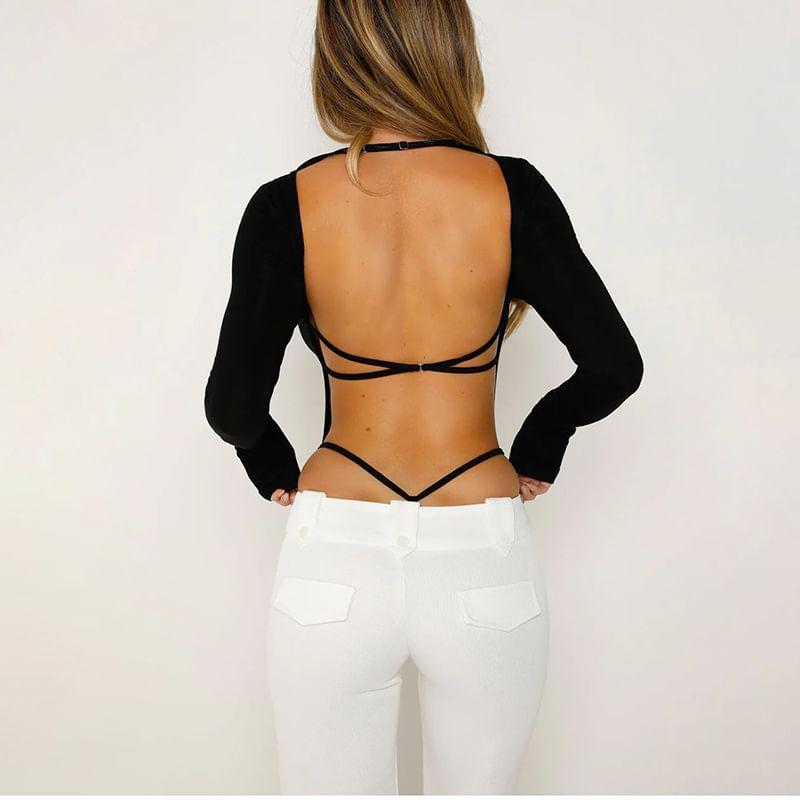 Long-Sleeve Plain Open Back Bodysuit Top Product Image