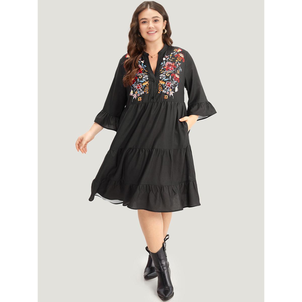 Plus Size Floral Print Ruffles Plicated Detail Dress Black Women Casual Printed Notched collar Elbow-length sleeve Curvy Midi Dress BloomChic 14-16/1X Product Image