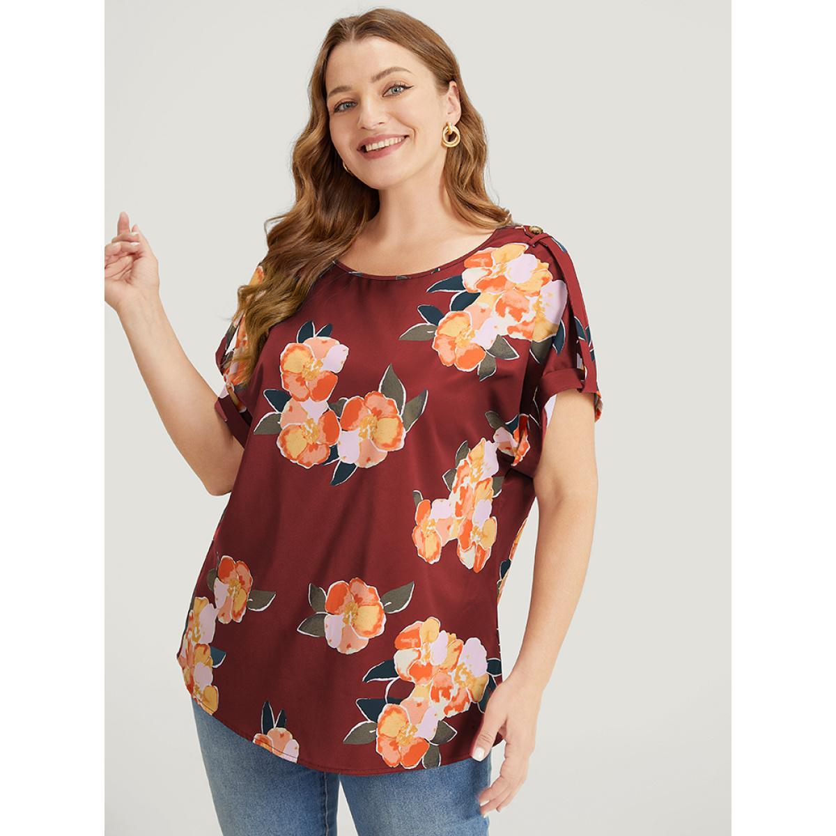 Plus Size Burgundy Floral Printed Roll Tab Sleeve Blouse Women Elegant Short sleeve Round Neck Dailywear Blouses BloomChic 14-16/1X Product Image