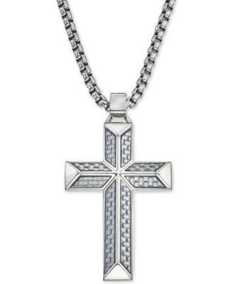 Esquire Mens Jewelry Cross Pendant Necklace in Gray Carbon Fiber and Stainless Steel, Created for Macys Product Image