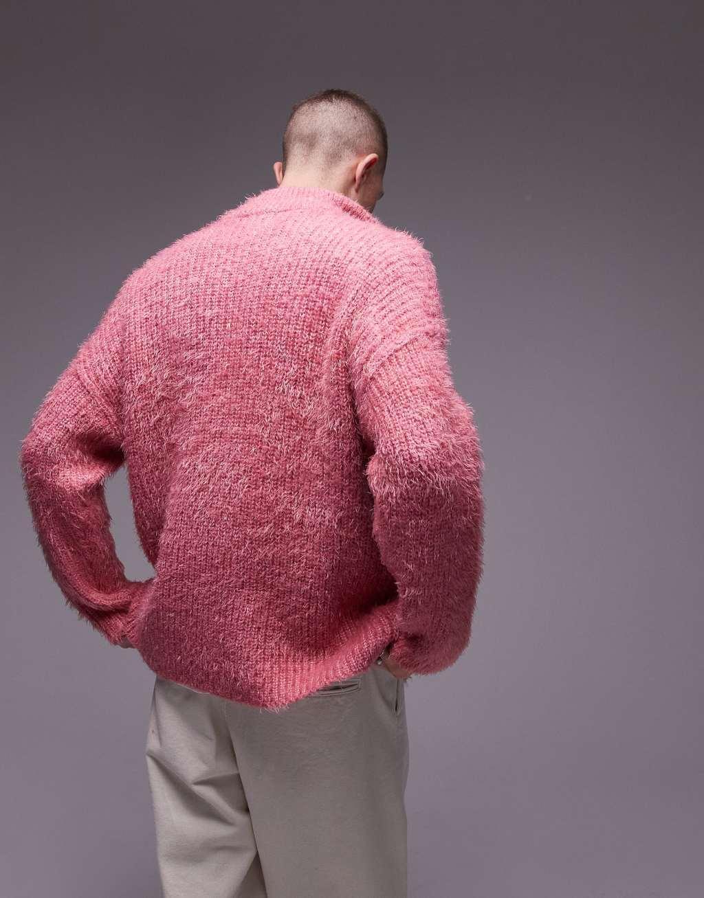 Topman fluffy knit 1/4 zip sweater in pink Product Image