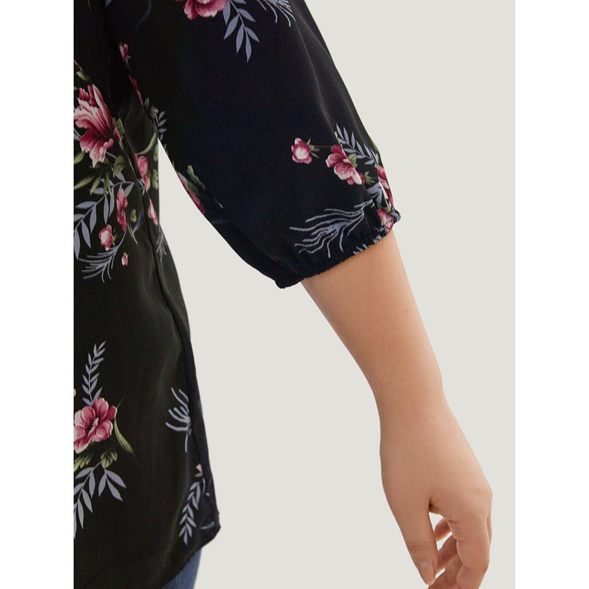 Plus Size Black Floral Print Lace Up Lantern Sleeve Blouse Women Elegant Half Sleeve V-neck Dailywear Blouses BloomChic 12/L Product Image