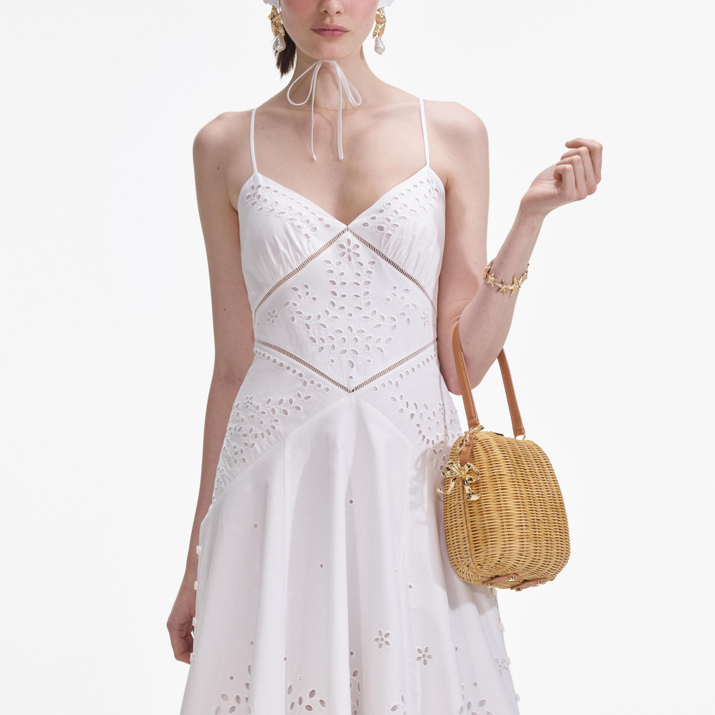 White Cotton Embroidered Midi Dress Product Image