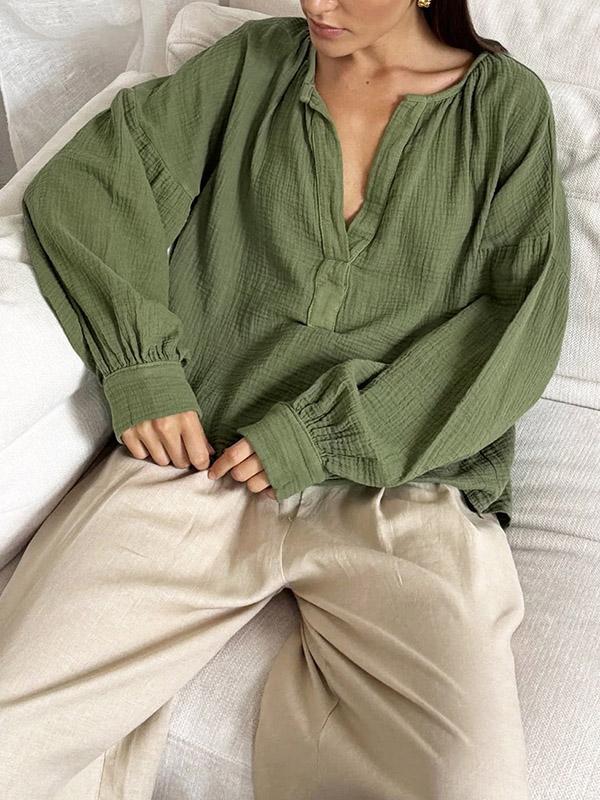 Loose Puff Sleeves Pleated Solid Color Split-Joint V-Neck Blouses&Shirts Tops Product Image