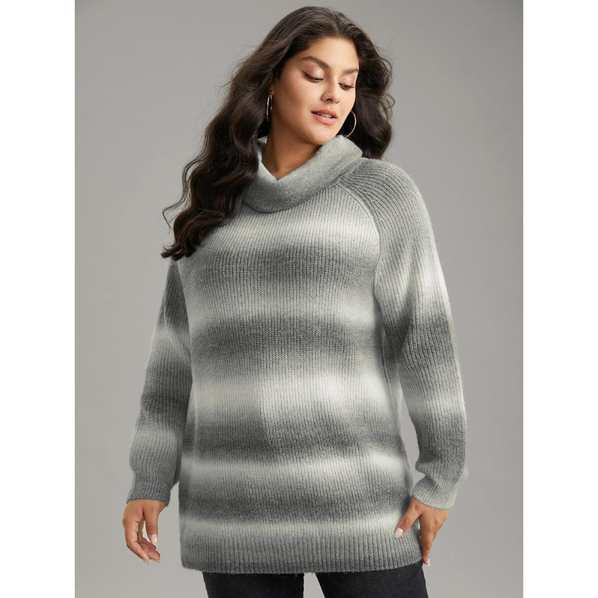 Plus Size Turtleneck Ombre Heather Raglan Sleeve Pullover Gray Women Casual Loose Long Sleeve Turtleneck Dailywear Pullovers BloomChic 14-16/1X Product Image