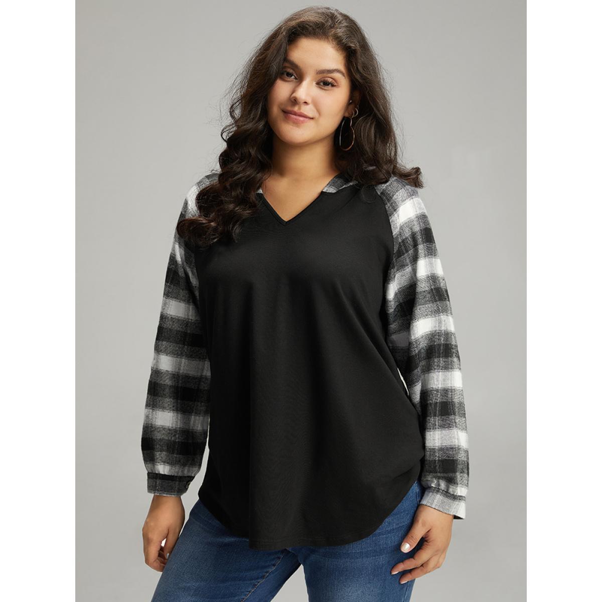 Plus Size Plaid Print Hooded Patchwork Sweatshirt Women Black Casual Patchwork Hooded Everyday Sweatshirts BloomChic 28/5X Product Image