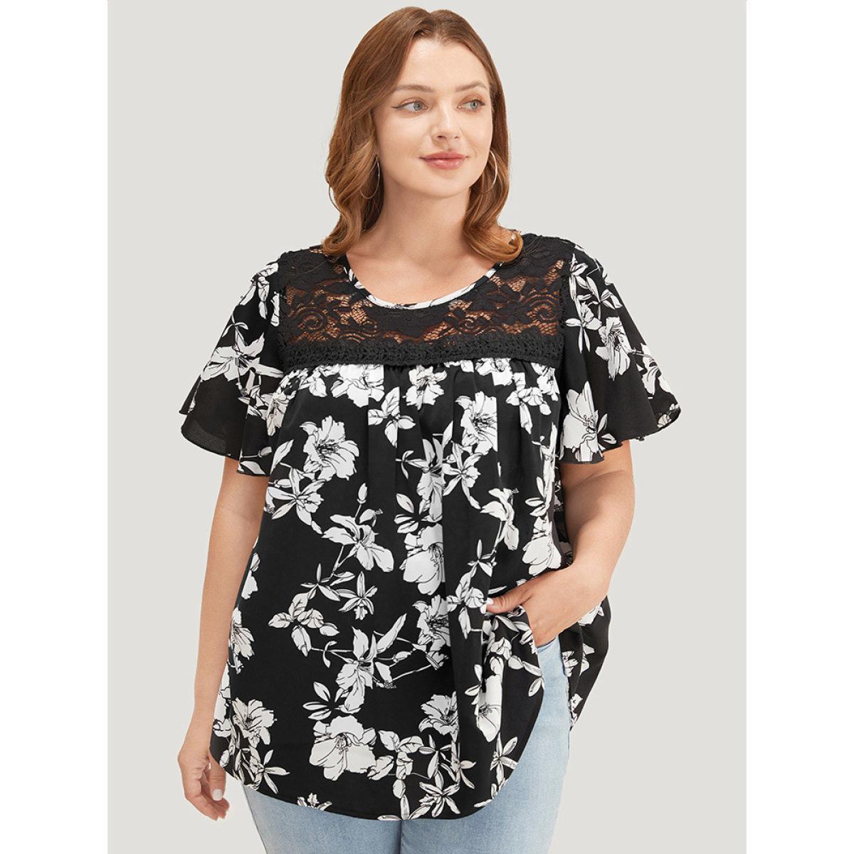 Plus Size BlackFlower Floral Print Gathered Lace Patchwork Blouse Women Elegant Short sleeve Round Neck Dailywear Blouses BloomChic 14-16/1X Product Image
