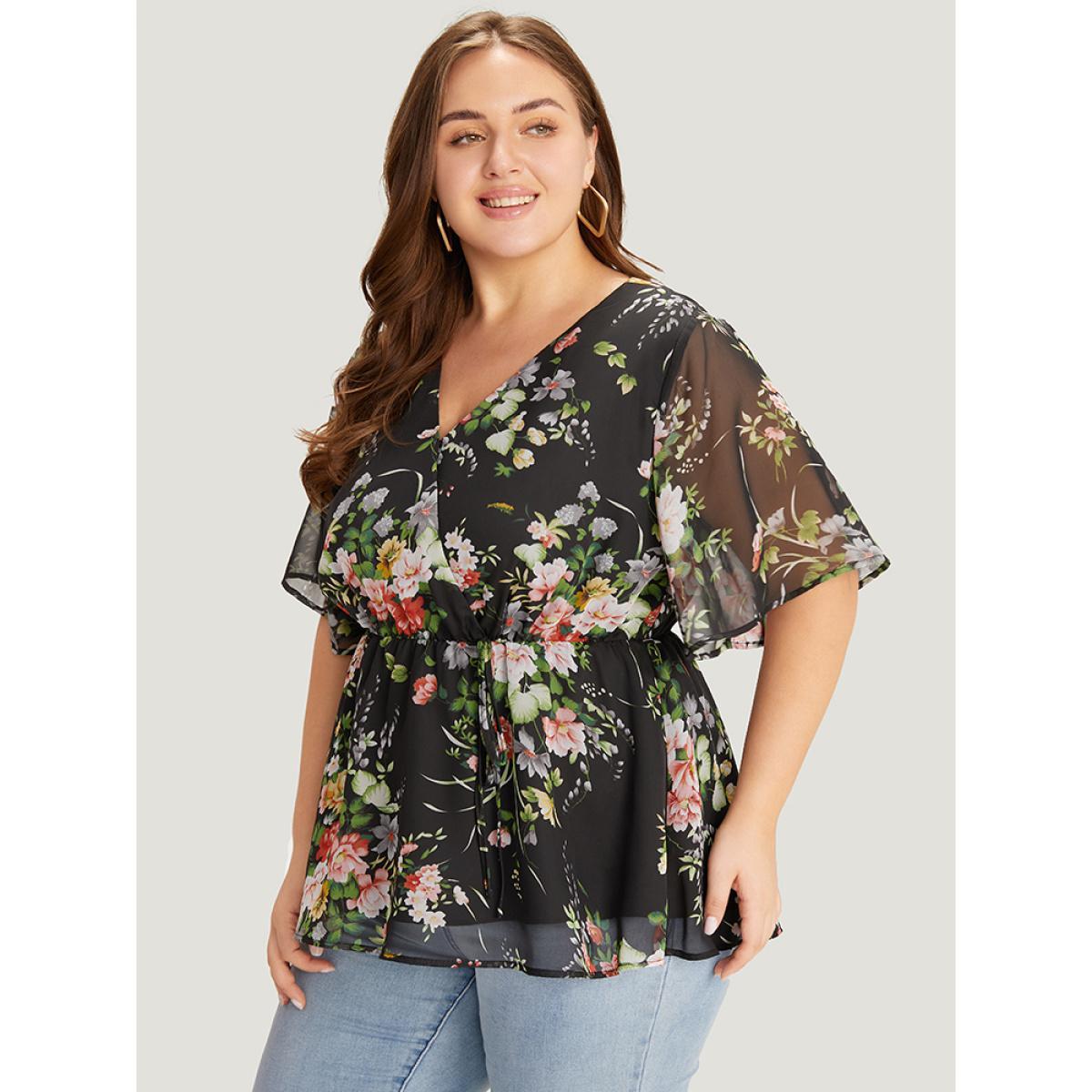 Plus Size BlackFlower Floral Wrap Mesh Sleeve Blouse Women Elegant Half Sleeve V-neck Dailywear Blouses BloomChic 30/6X Product Image