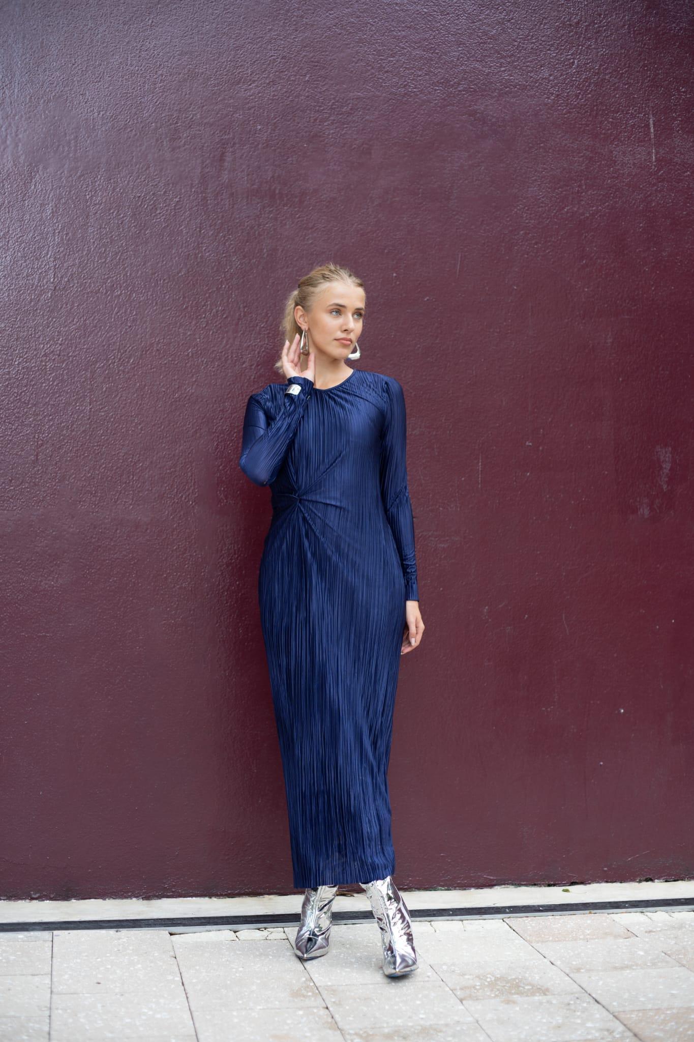 Navy Pleated Dress - Esteem Couture Product Image