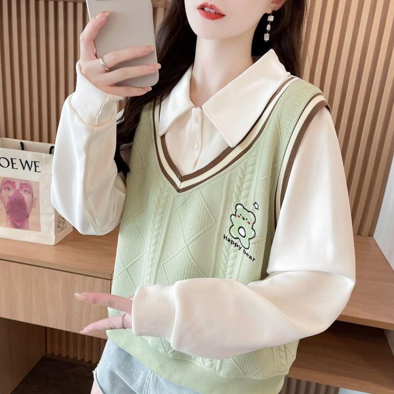 Collared Striped Bear Embroidered Mock Two Piece Button Pullover Product Image