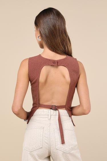 Modern Inclination Brown Linen Backless Tank Top Product Image