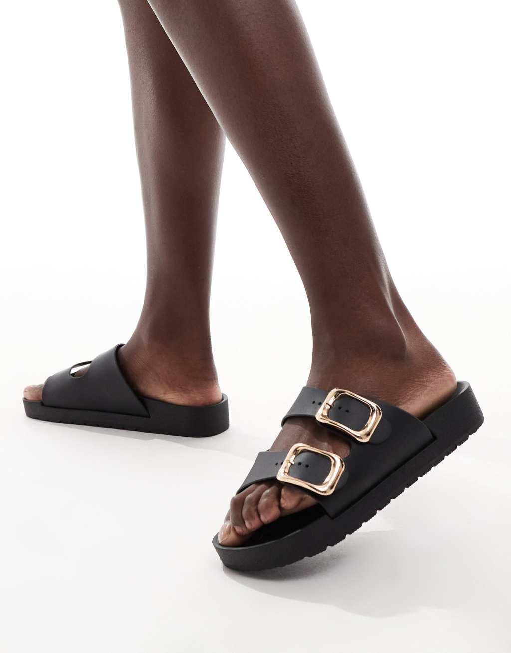 London Rebel Andi Wide Fit buckle sandals in black Product Image