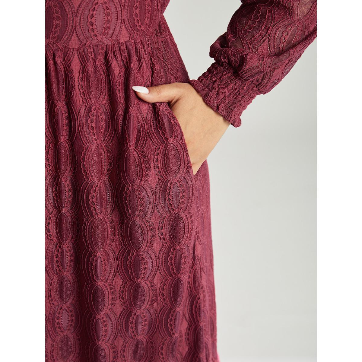 Plus Size Contrast Lace Button Detail Shirred Ruffle Hem Dress Scarlet Women Glamour Texture V-neck Long Sleeve Curvy Midi Dress BloomChic 10/M Product Image
