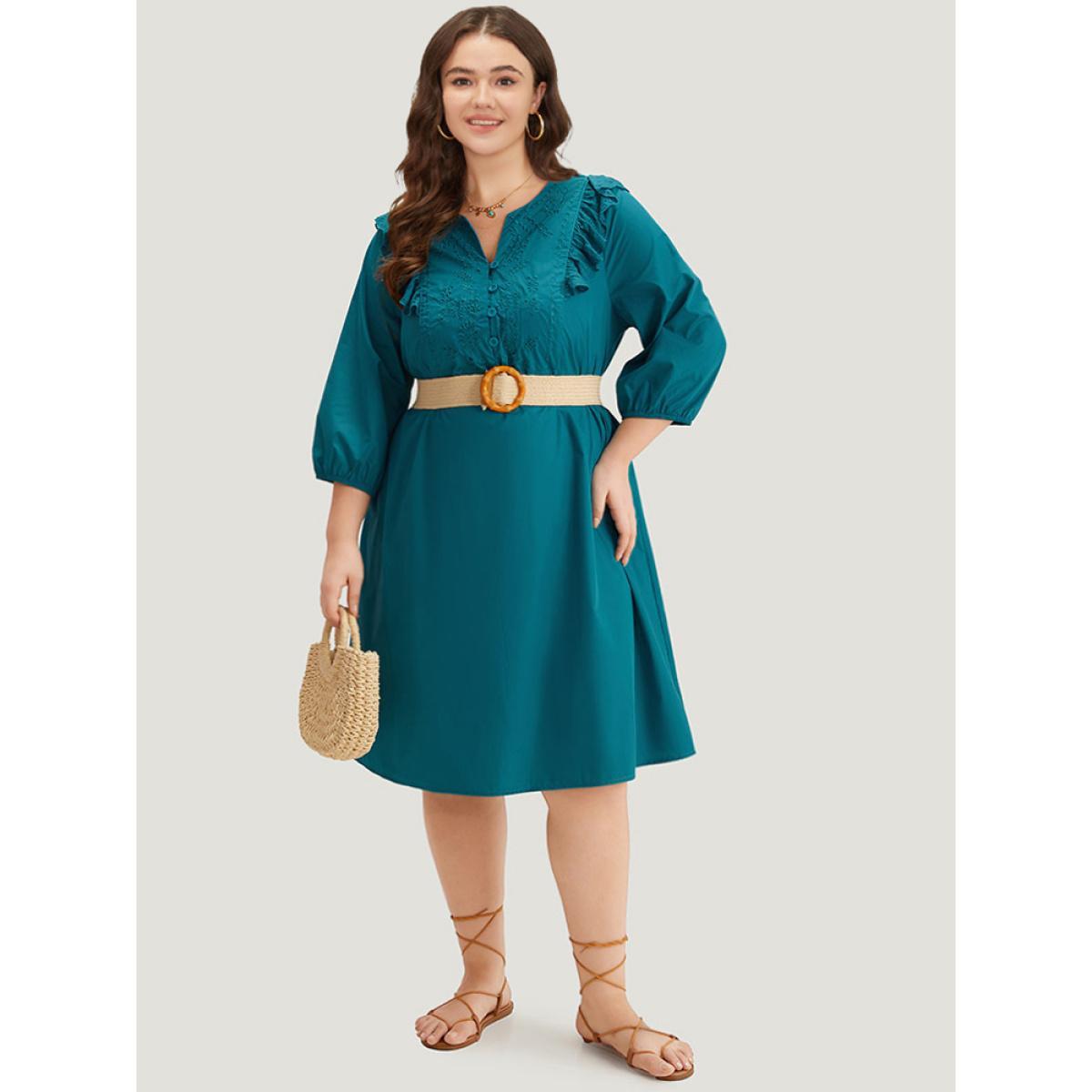 Plus Size Plain Ruffle Trim Lantern Sleeve Dress Cerulean Women Vacation Elastic cuffs Notched collar Elbow-length sleeve Curvy Midi Dress BloomChic 12/L Product Image