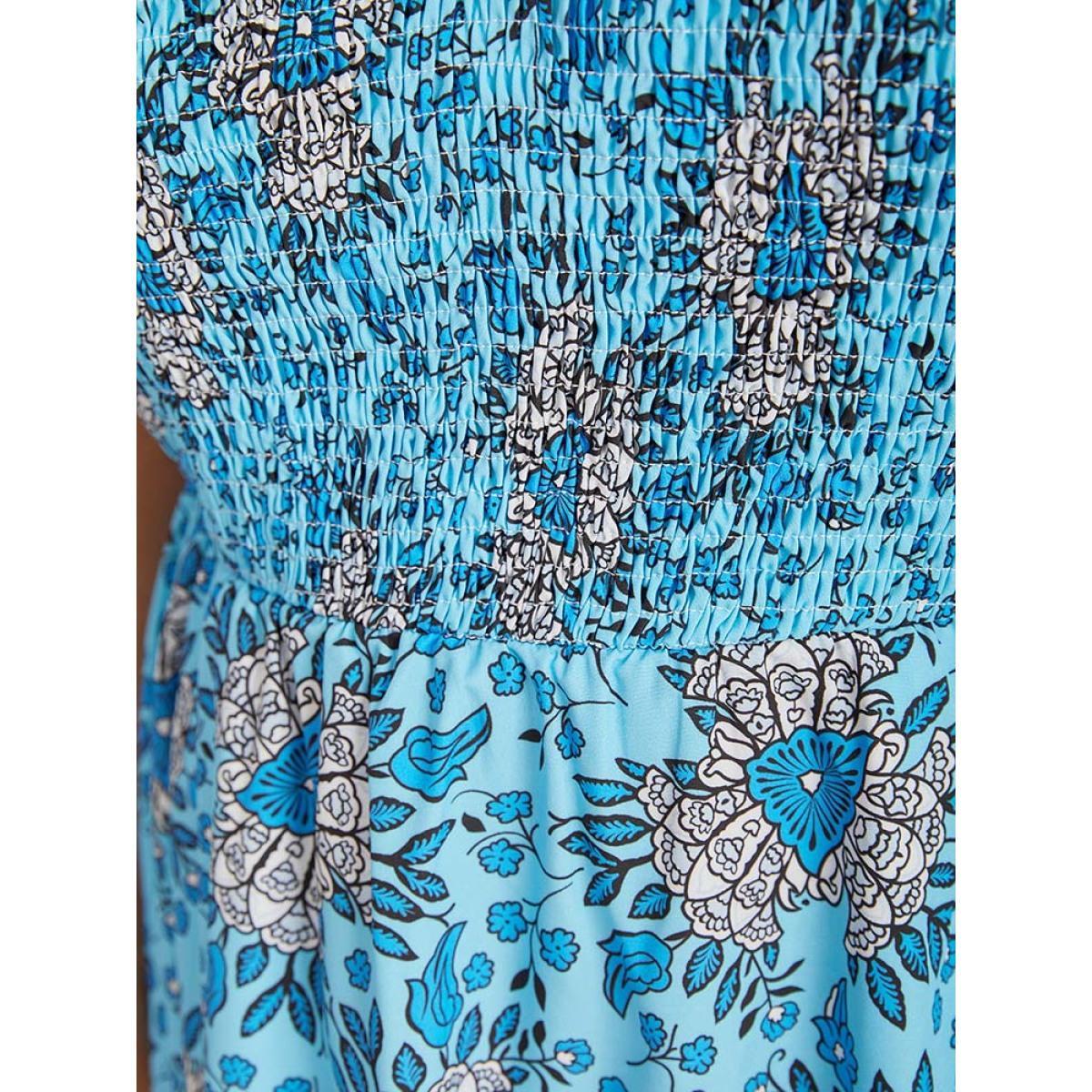 Plus Size Floral Print Shirred Ruffle Cap Sleeve Layered Hem Dress Cerulean Women Elegant Shirred V-neck Cap Sleeve Curvy Knee Dress BloomChic 26/4X Product Image