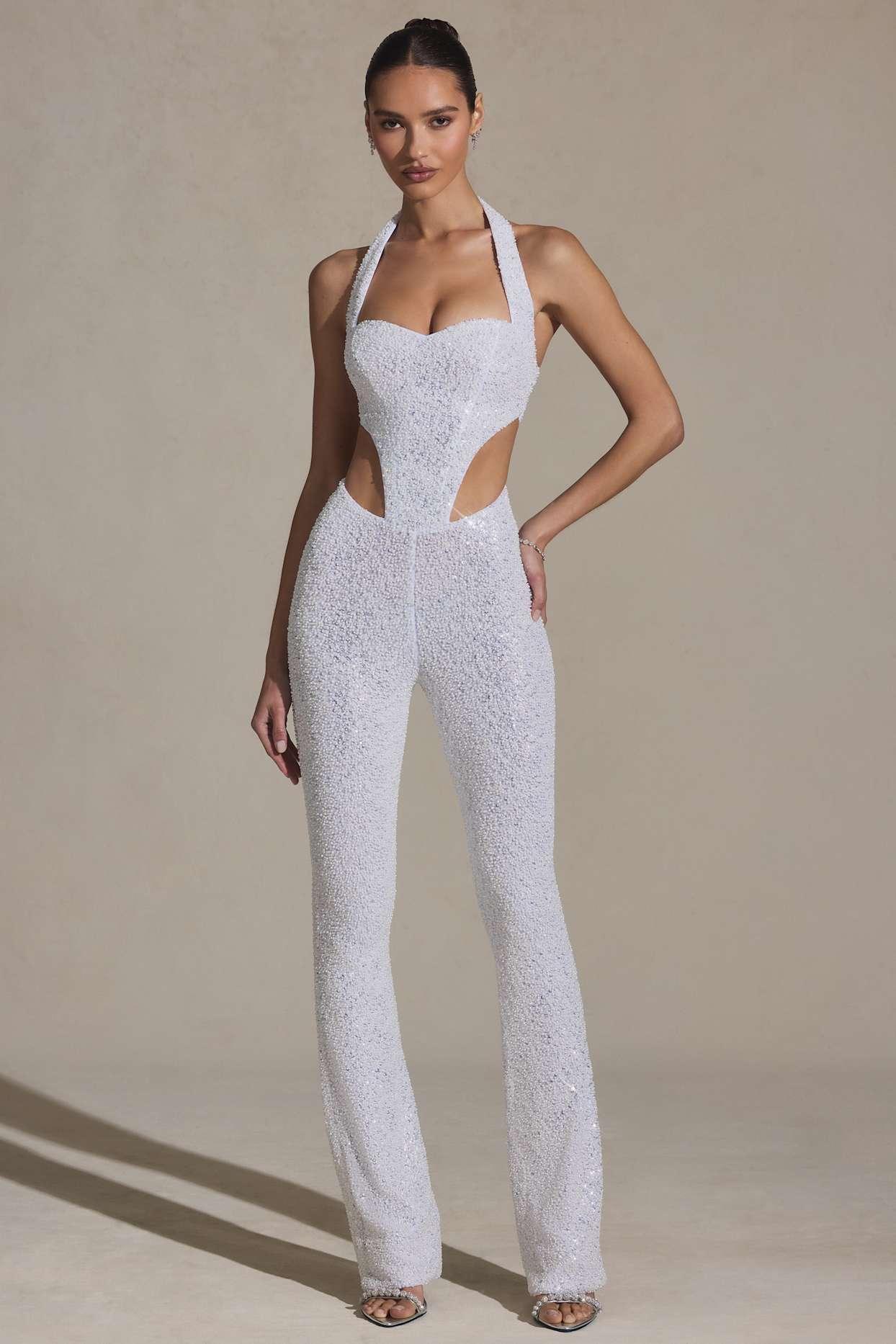 Embellished Cut-Out Jumpsuit in White Product Image