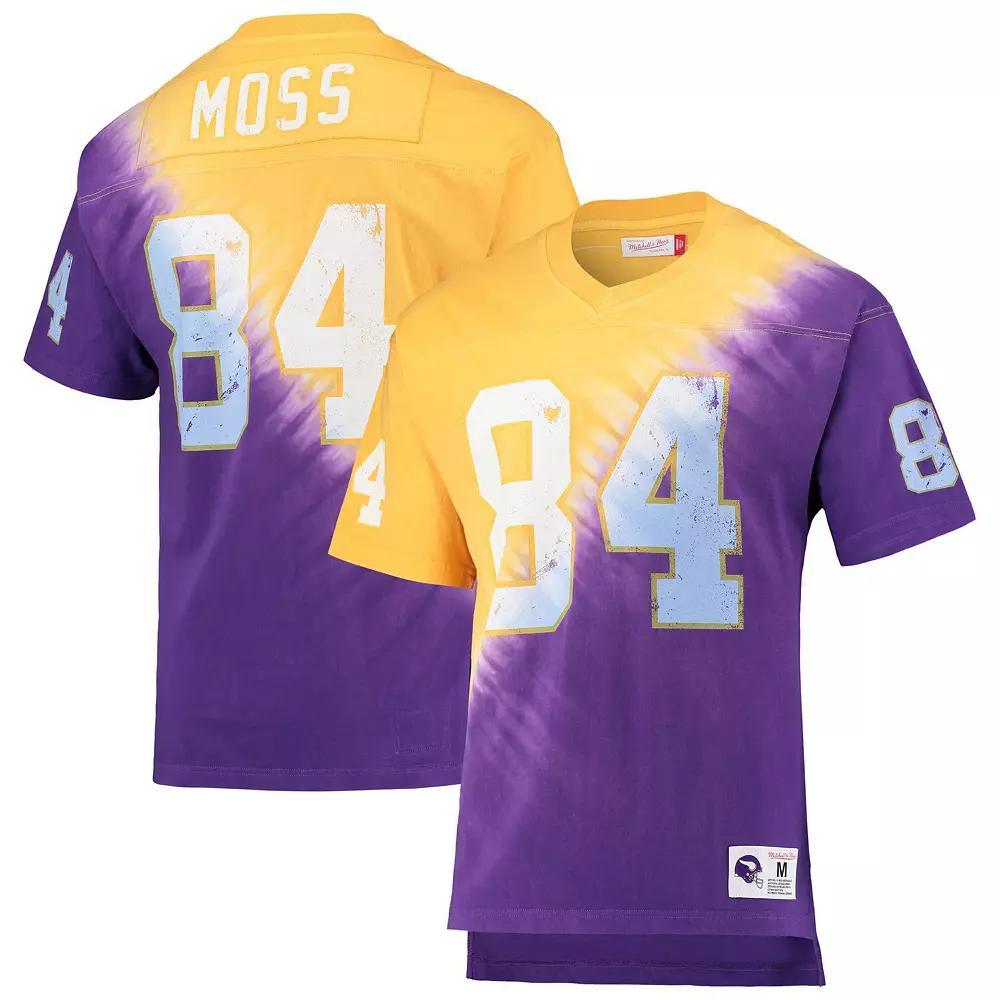 Men's Mitchell & Ness Randy Moss Gold/Purple Minnesota Vikings Retired Player Name & Number Diagonal Tie-Dye V-Neck T-Shirt,  Product Image