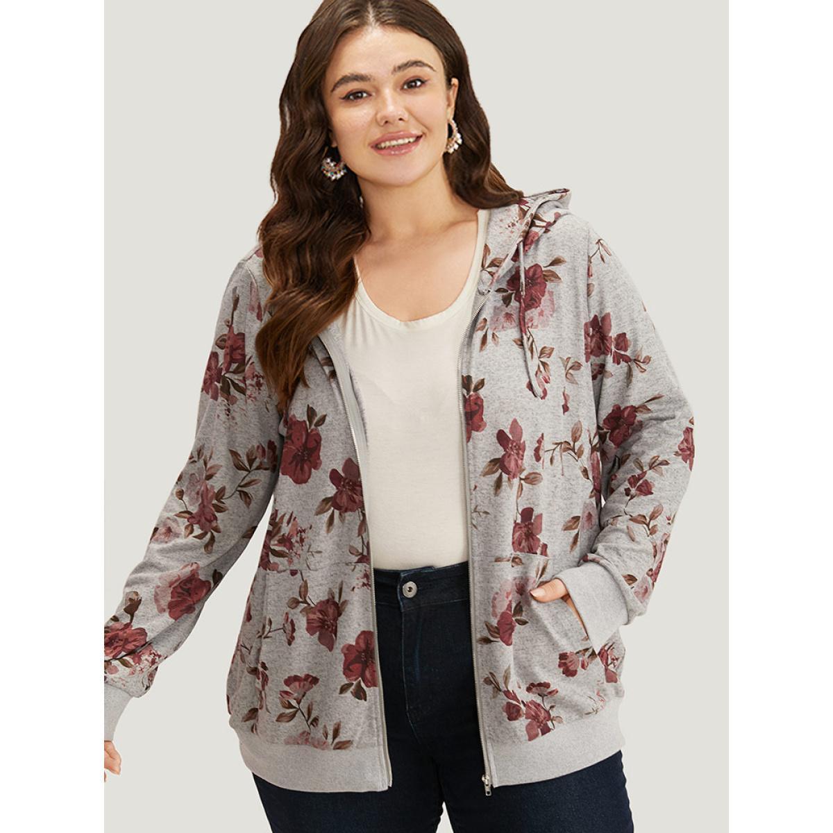 Plus Size Floral Print Pocket Drawstring Hooded Sweatshirt Women Gray Casual Printed Hooded Dailywear Sweatshirts BloomChic 22-24/3X Product Image