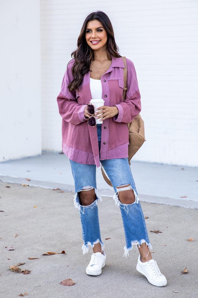 Control Your Future Berry Waffle Knit And Gauze Shacket FINAL SALE Product Image