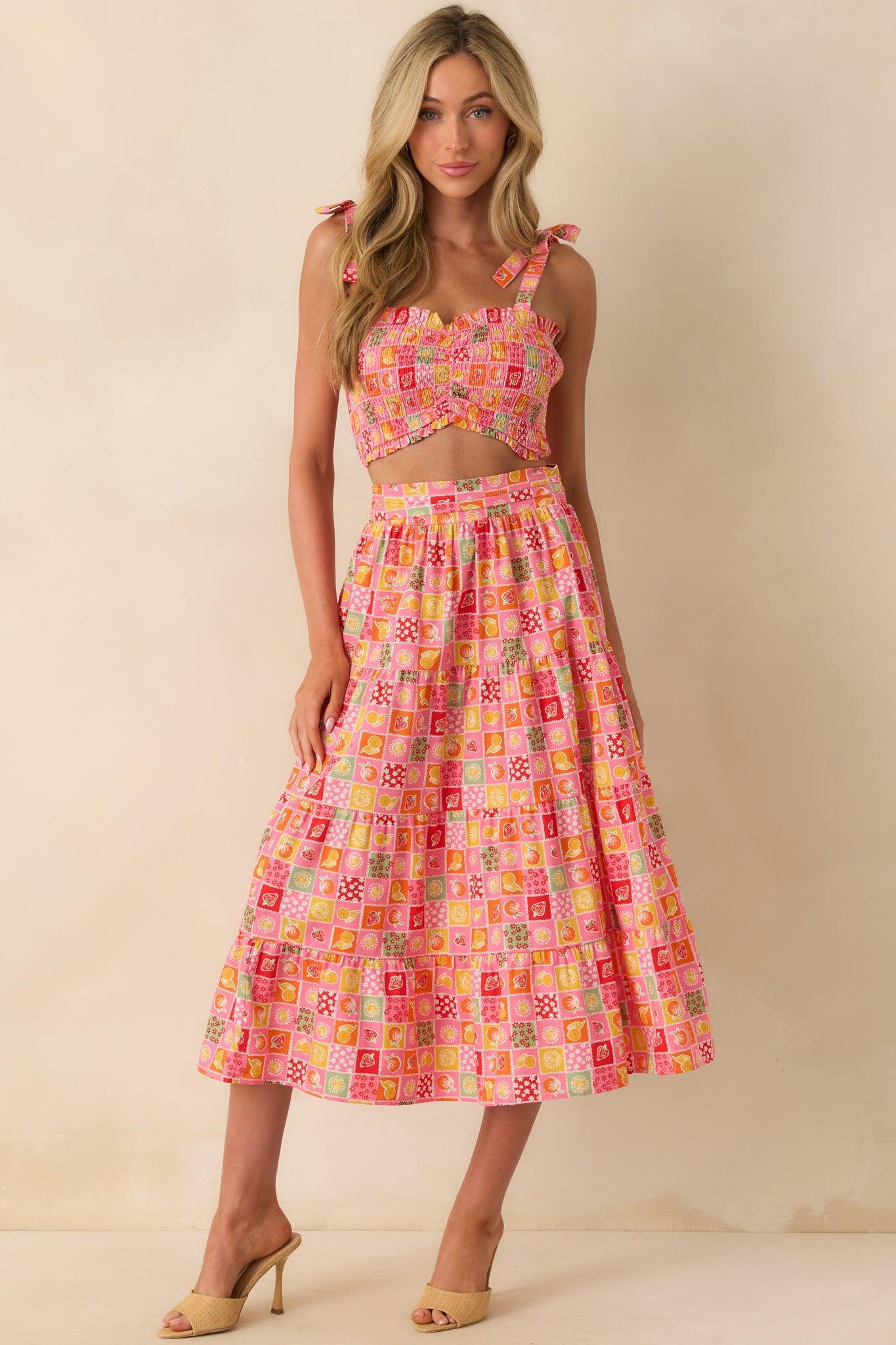 Looks Just Right Pink Multi Patchwork Print Midi Skirt Product Image