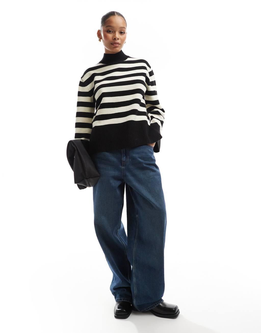 Bershka high neck striped sweater in black Product Image