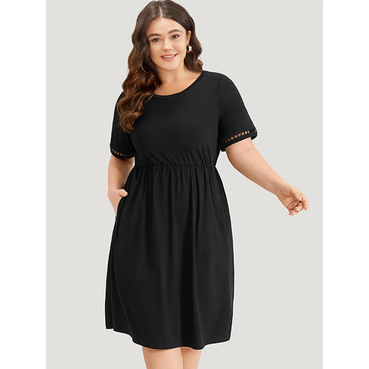Plus Size Plain Crew Neck Pocket Hollow Out Ruffle Hem Dress Black Women Casual Patchwork Round Neck Short sleeve Curvy Midi Dress BloomChic 22-24/3X Product Image