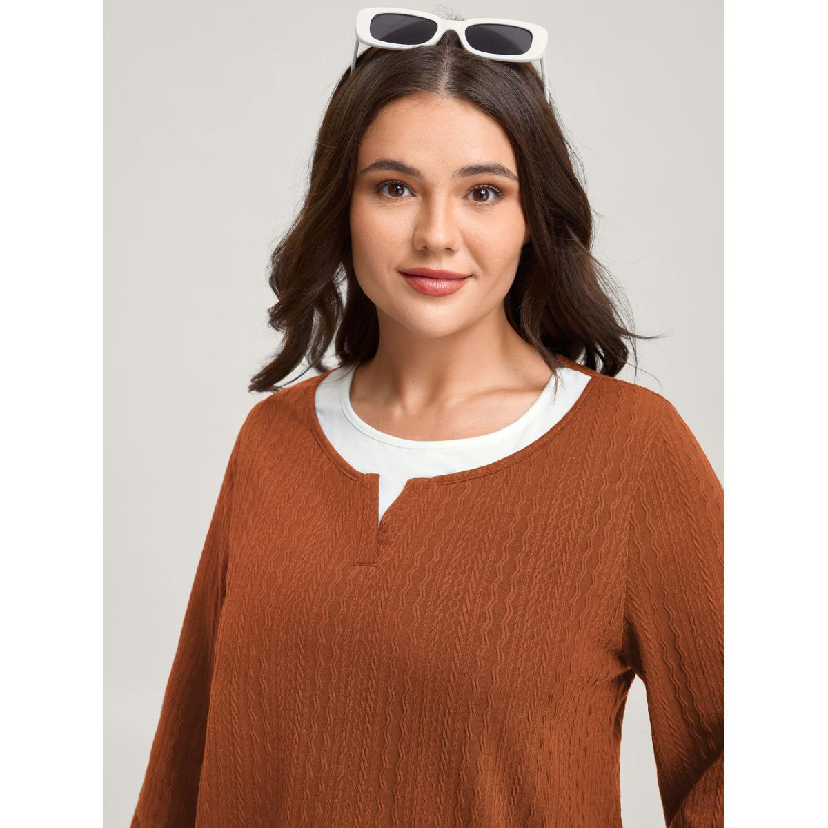 Plus Size Textured Spliced Round Neck Solid T-Shirt OrangeRed Women Leisure Round Neck Casual T-shirts BloomChic 10/M Product Image