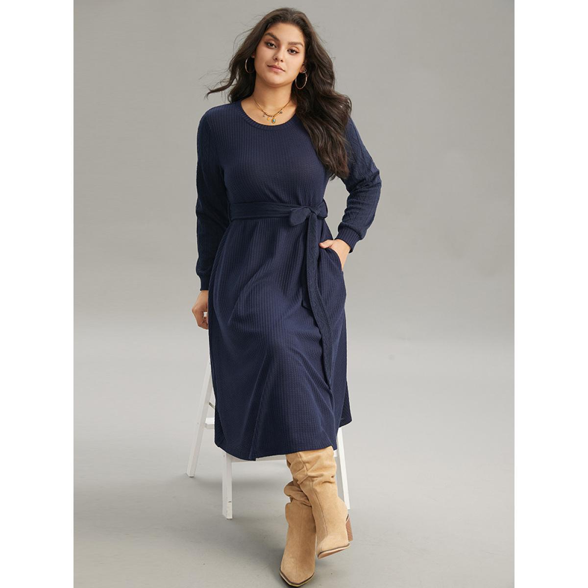 Plus Size Solid Waffle Knit Round Neck Belted Dress DarkBlue Women Casual Texture Round Neck Long Sleeve Curvy Midi Dress BloomChic 30/6X Product Image