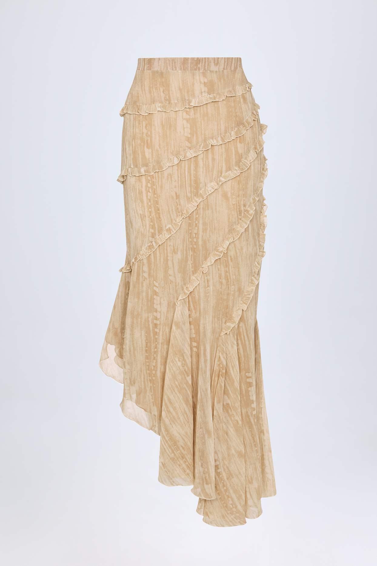 Ruffled Asymmetric Mid-Rise Maxi Skirt in Tan Print Product Image