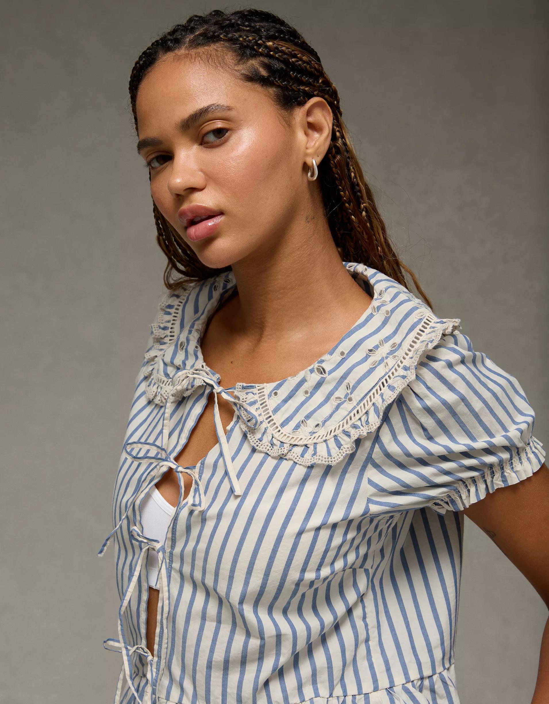 AE Collared Puff Sleeve Tie Front Blouse Product Image