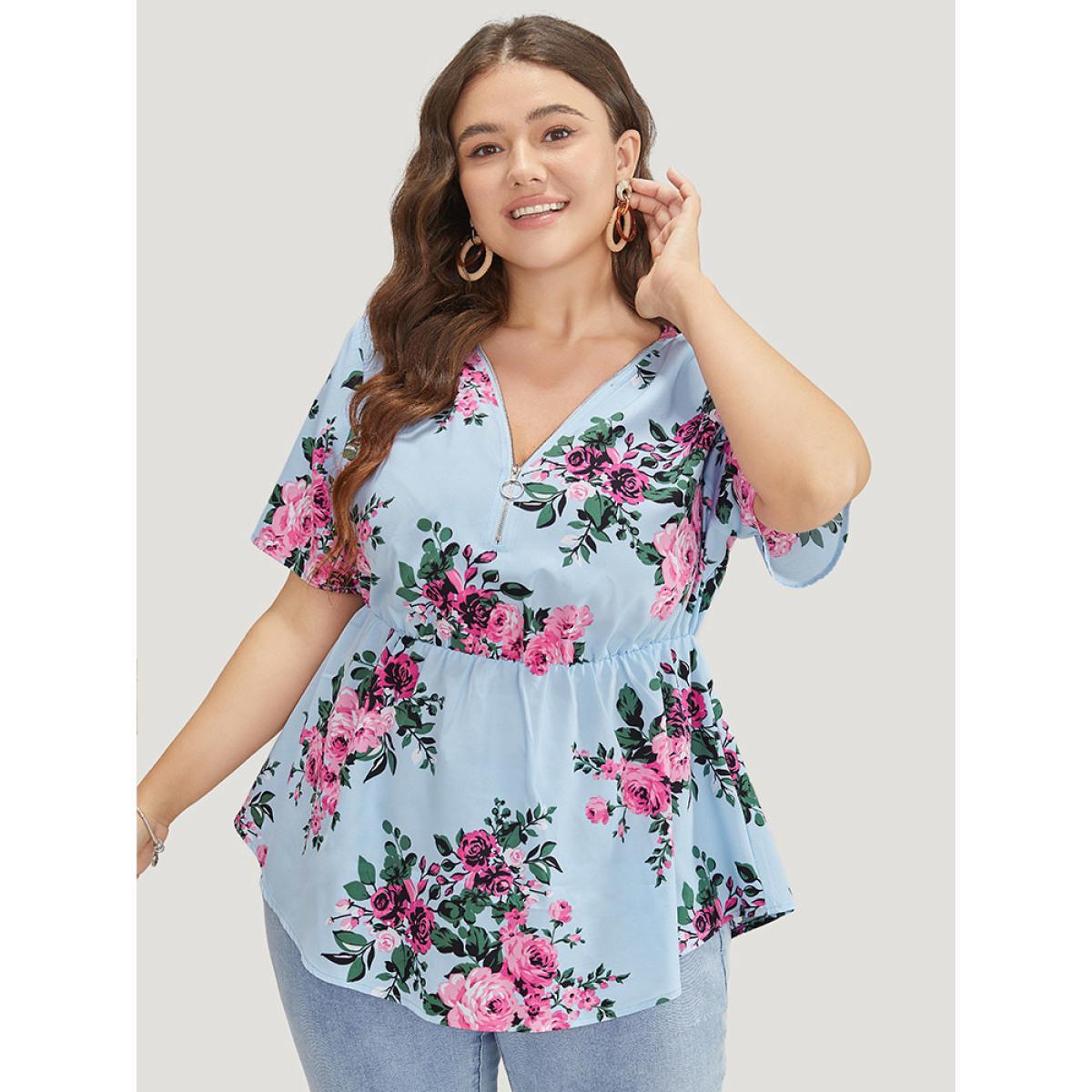 Plus Size LightBlue Floral Half Zipper Ruffle Sleeve Blouse Women Elegant Short sleeve V-neck Dailywear Blouses BloomChic 28/5X Product Image