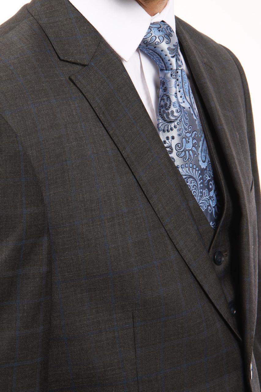 Wool Suit Modern Fit Windowpane 3 Piece in Dark Gray Product Image